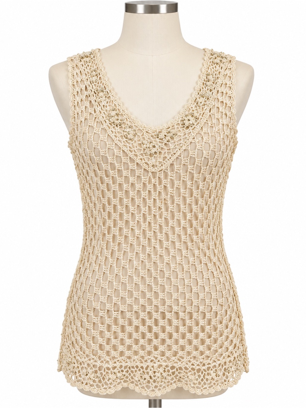 2Hot Jeans Y2K Cream Crochet Beaded Sleeveless Top Size L